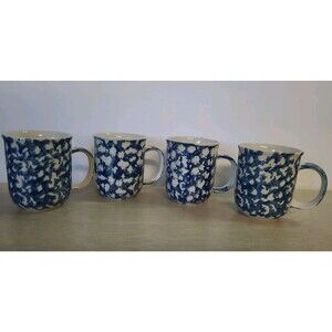 Set Of 4 Blue And White Spongeware  Stoneware Folk Craft Hearts By Tienshan